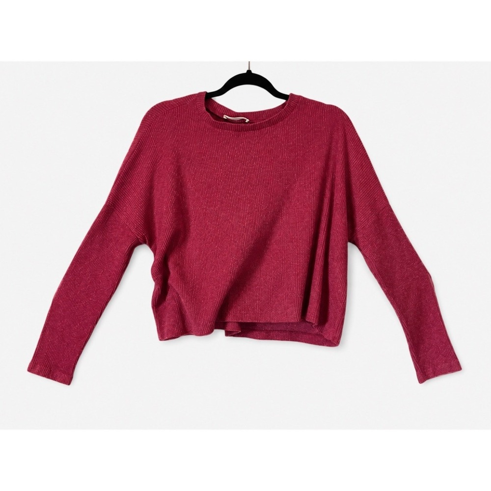 Zenana Womens Small Medium Burgundy Ribbed Dolman Boxy Crop Sweater Back‎ Patch
